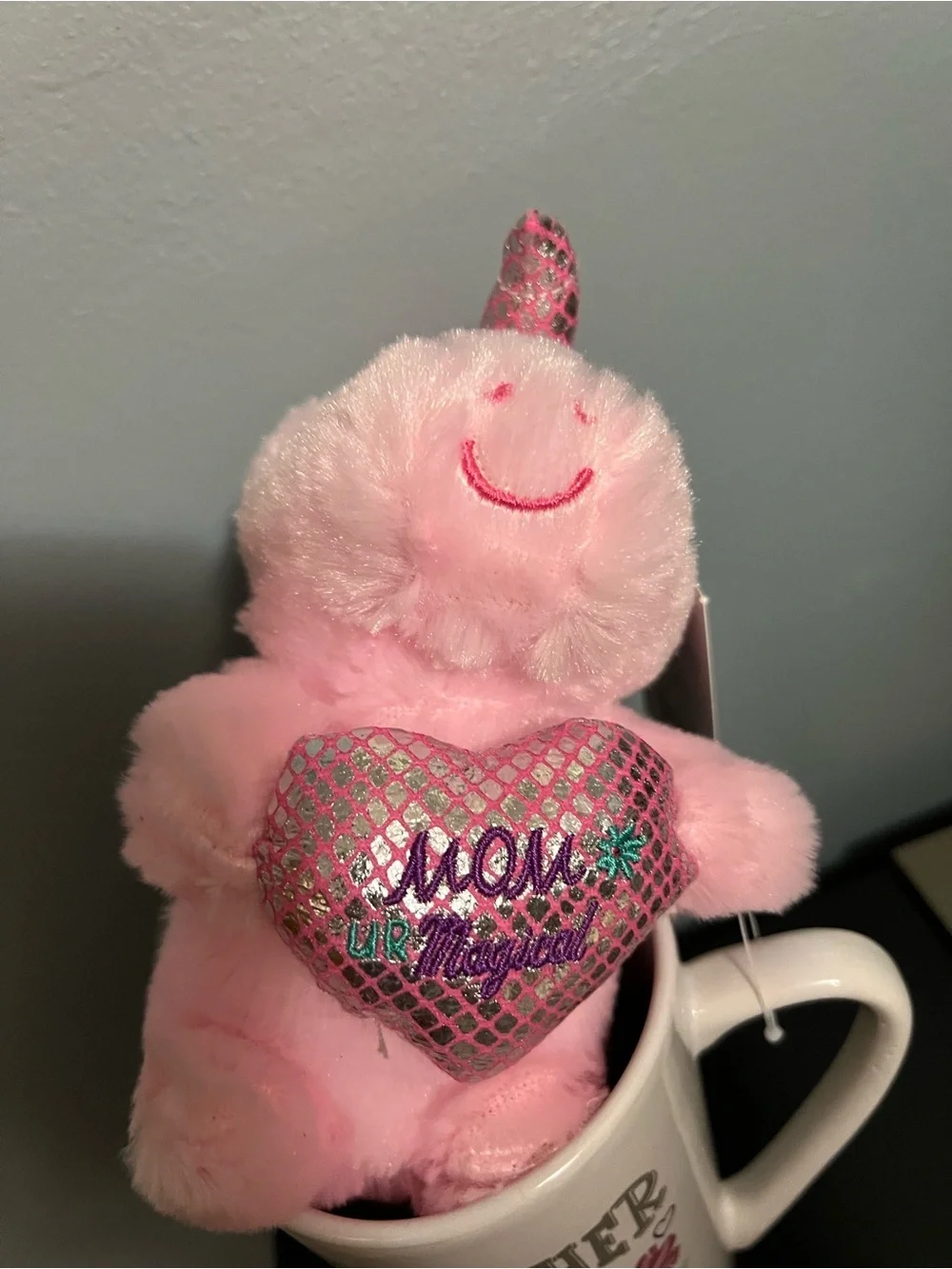 Pink Plush Unicorn in Sentimental Mom 14 oz Mug NWT